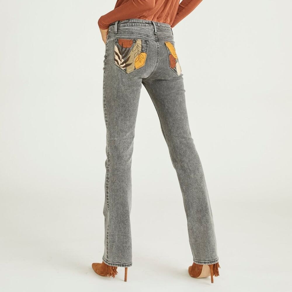 DRIFTWOOD Gray Boot Cut Jeans with Multicolor Patch Pockets